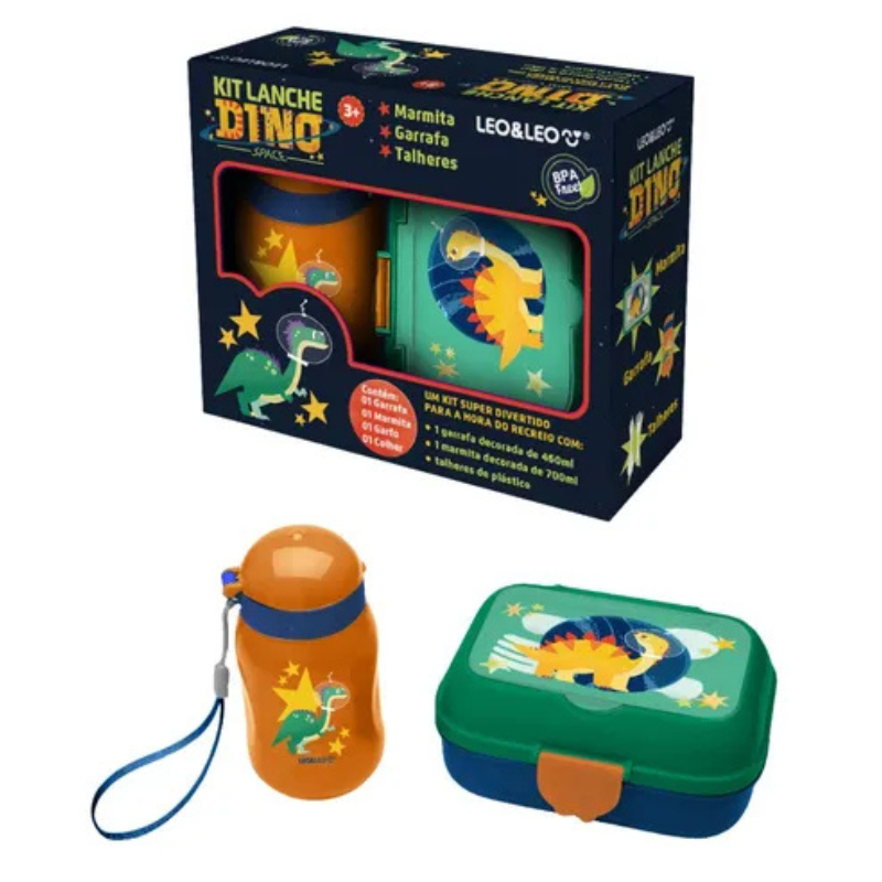 Kit Marmita Garrafinha Infantil Porta Lanche Dino