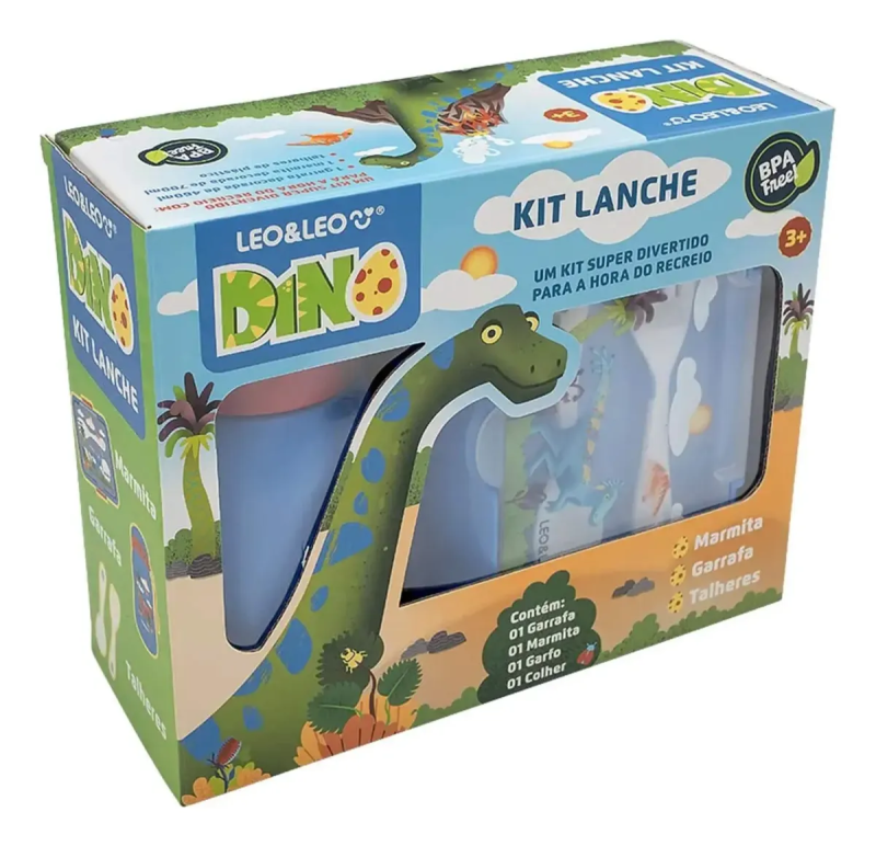 Kit Lancheira Dino Garrafa Plástica 500ml + Marmita 700ml