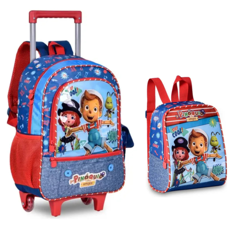 Kit Mochila Carrinho + Lancheira Pinoquio Azul Clio Pc23150k