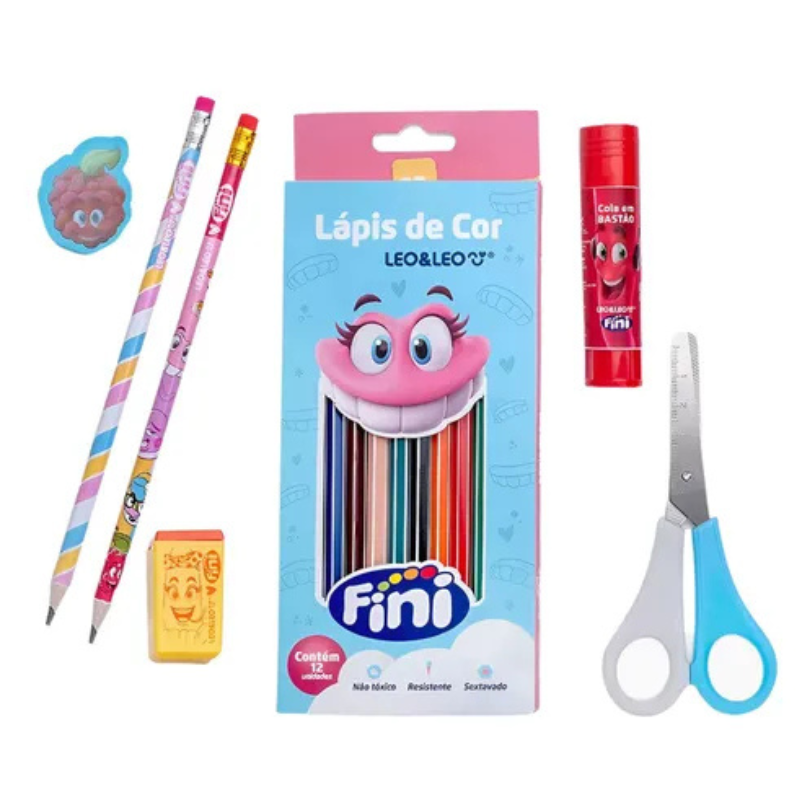 Kit Material Escolar Fini Completo C/Lápis De Cor Tesoura