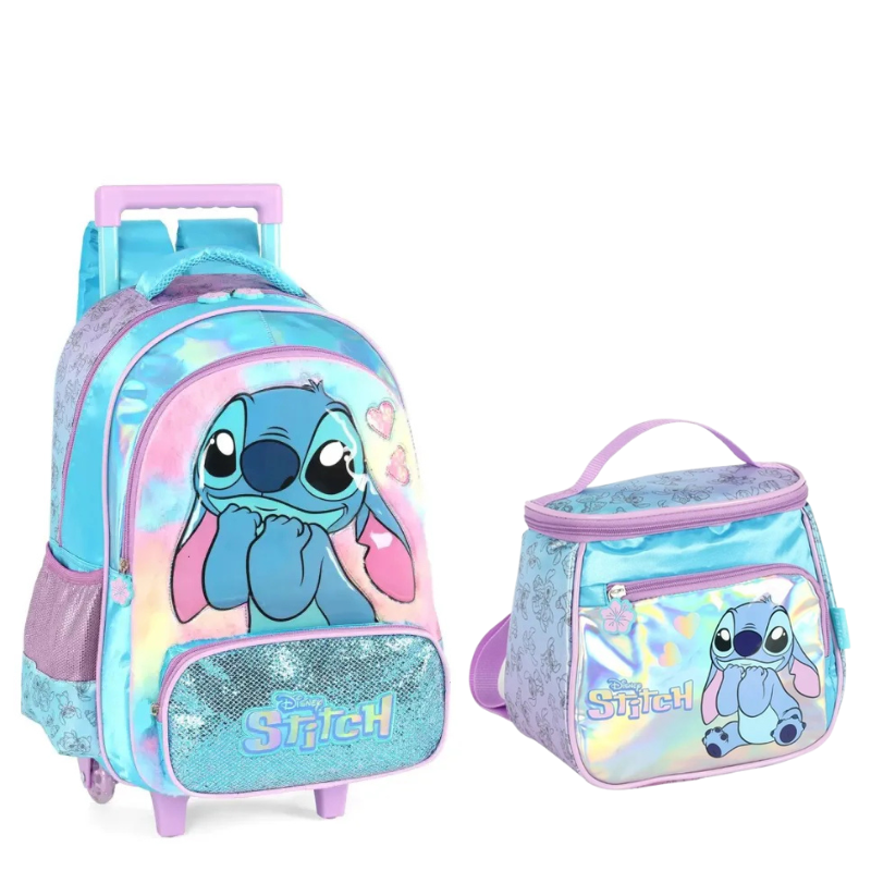 Kit Mochila Carrinho Luxcel + Lancheira Stitch Azul Ic42412sc